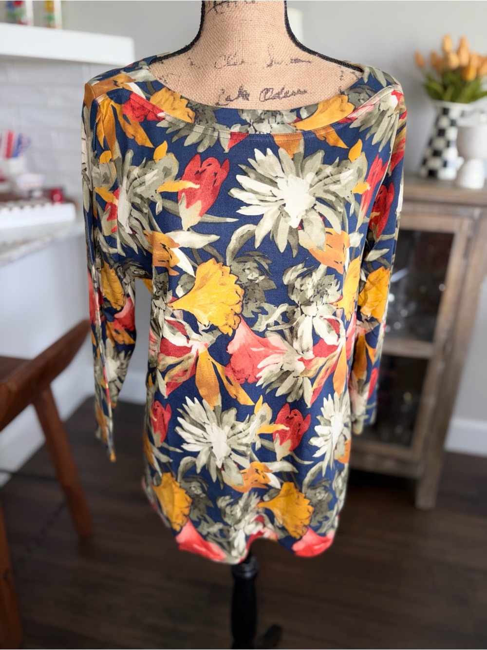 Chico's Navy Floral Knit Top with Yellow & Coral Blooms